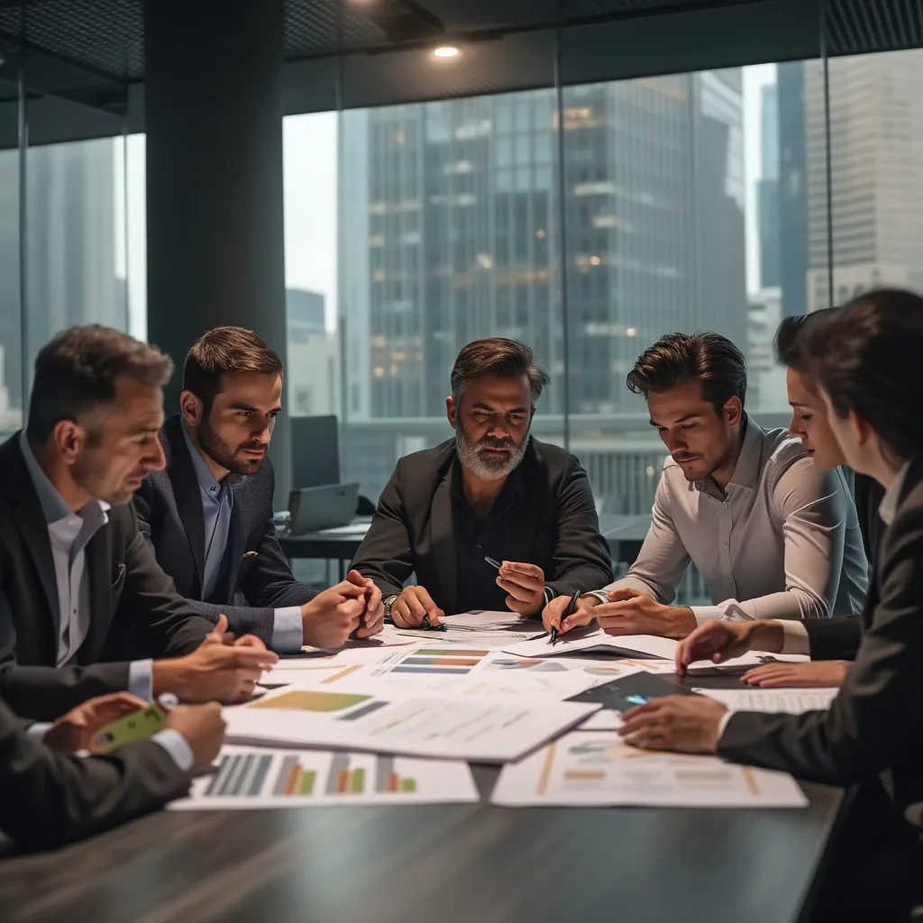 Equipo de consultores financieros en reunión estratégica